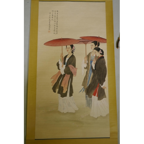 46 - After Zhao Guojing and Wang Meifang, watercolour scroll depicting ladies carrying parasols, 64 x 124... 