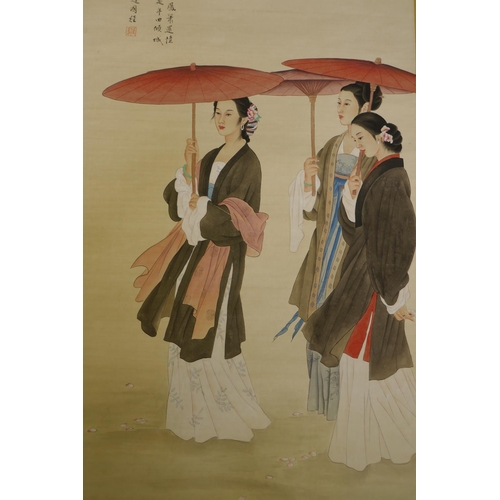 46 - After Zhao Guojing and Wang Meifang, watercolour scroll depicting ladies carrying parasols, 64 x 124... 