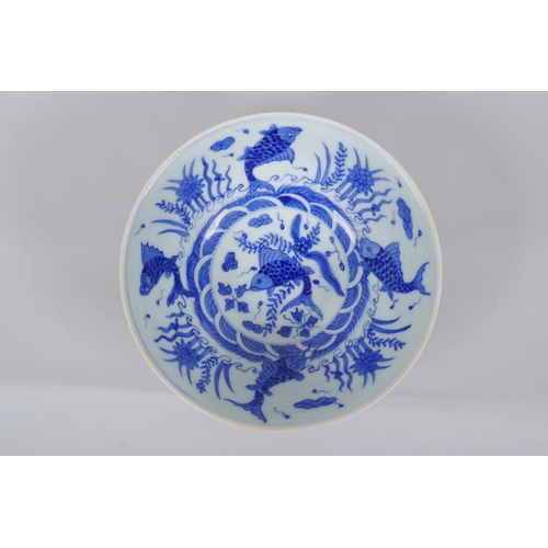 51 - A Chinese porcelain bowl with blue and white decoration to the interior of carp and lotus flowers, t... 