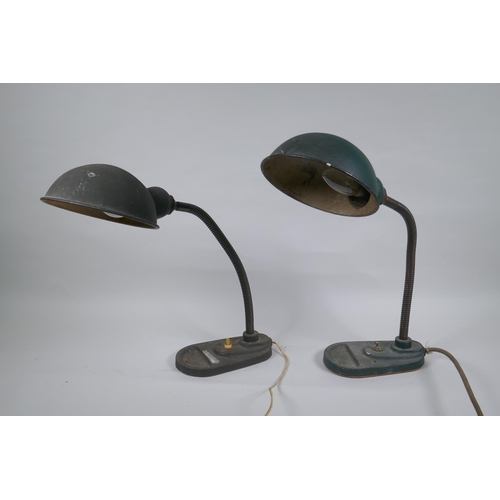 53 - A pair of antique industrial goose neck adjustable lamp, with metal base and pin tray and original p... 