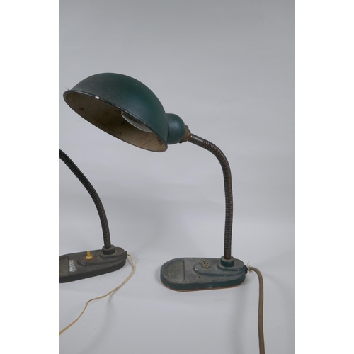 53 - A pair of antique industrial goose neck adjustable lamp, with metal base and pin tray and original p... 