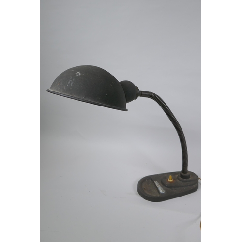 53 - A pair of antique industrial goose neck adjustable lamp, with metal base and pin tray and original p... 