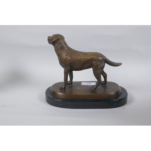 57 - A bronze figure of a dog, mounted on a marble base, unsigned, 17cm high