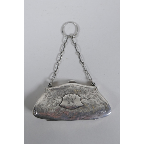 605 - An antique silver coin purse, Birmingham, 48g, 9.5 x 5cm, marks rubbed