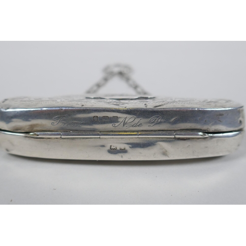 605 - An antique silver coin purse, Birmingham, 48g, 9.5 x 5cm, marks rubbed