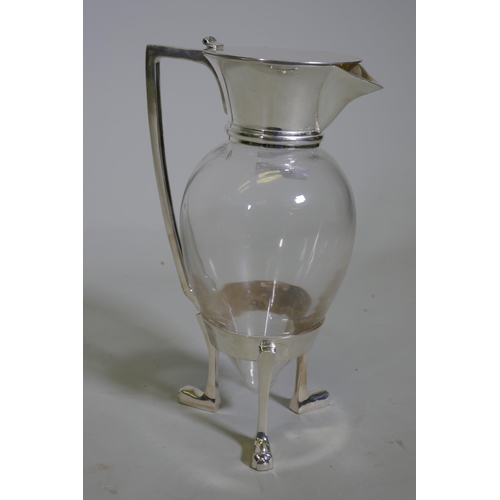 619 - A Christopher Dresser style electroplated crow's foot claret jug, AF lacks pin for hinge, 26cm high