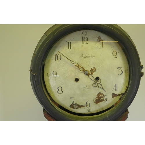 621 - A C19th Swedish Mora long case clock, the pine case with original paint, with refreshed and repainte... 