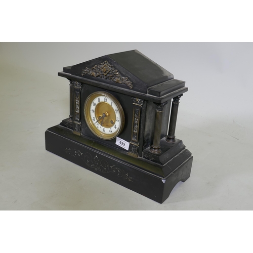 622 - A French slate mantel clock, the dial brass dial inscribed Barrard, Paris, the Japy Freres movement ... 