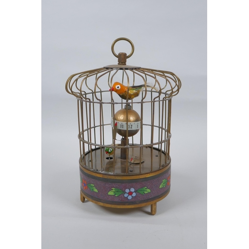 625 - A brass birdcage automaton clock with a decorative cloisonne band, 18cm high