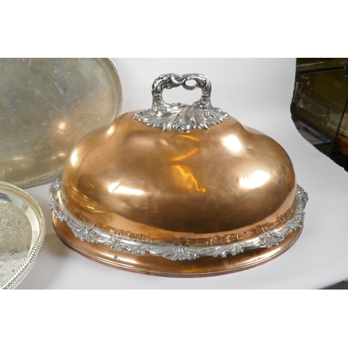 628 - An antique Sheffield plate meat cover and two silver plated gallery trays, cover 52 x 37cm, 29cm hig... 