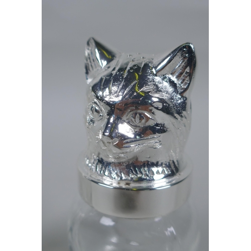 634 - A pair of silver plated and glass salt and pepper shakers in the form of cats, 12cm high