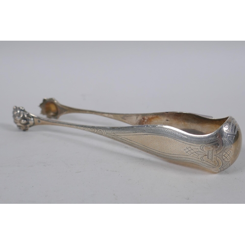 649 - C19th French silver tongs with lion paw decoration, maker's mark P B  Philippe Berthier, 16cm long, ... 