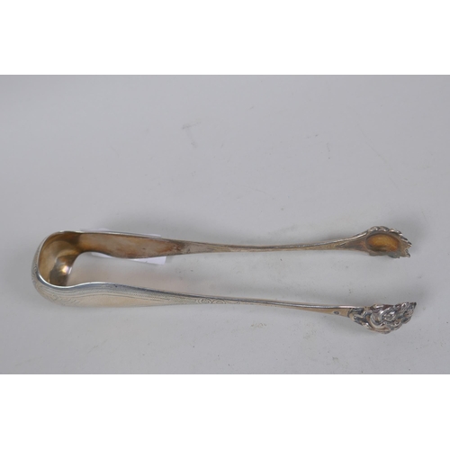 649 - C19th French silver tongs with lion paw decoration, maker's mark P B  Philippe Berthier, 16cm long, ... 