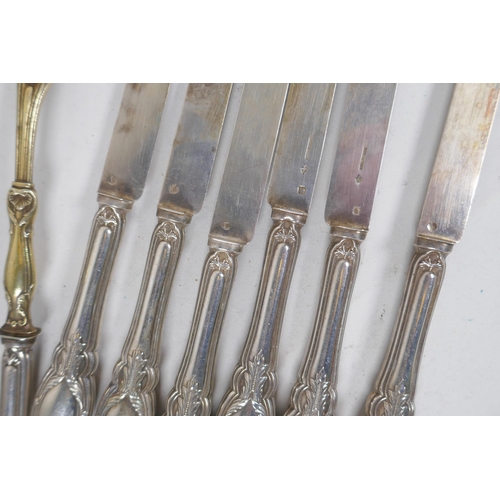 654 - Six French silver butter knives, marked Cosson Corby, and matching salad servers, 474g