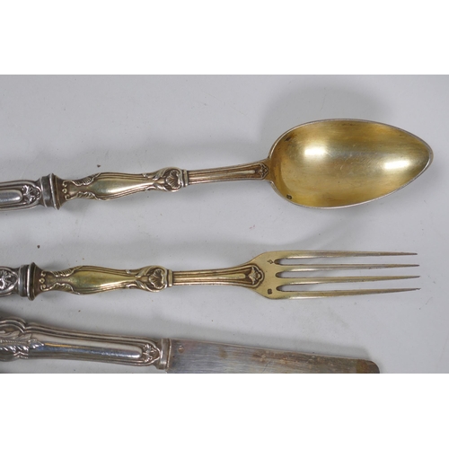 654 - Six French silver butter knives, marked Cosson Corby, and matching salad servers, 474g