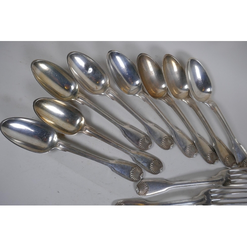 655 - A matched set of eight C18th French silver thread and shell pattern spoons and forks, 1483g