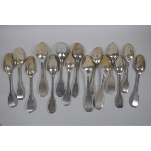 659 - A set of four and a set of six silver fiddle back spoons, and five rattail spoons, AF, 1049g