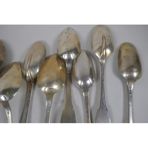 659 - A set of four and a set of six silver fiddle back spoons, and five rattail spoons, AF, 1049g