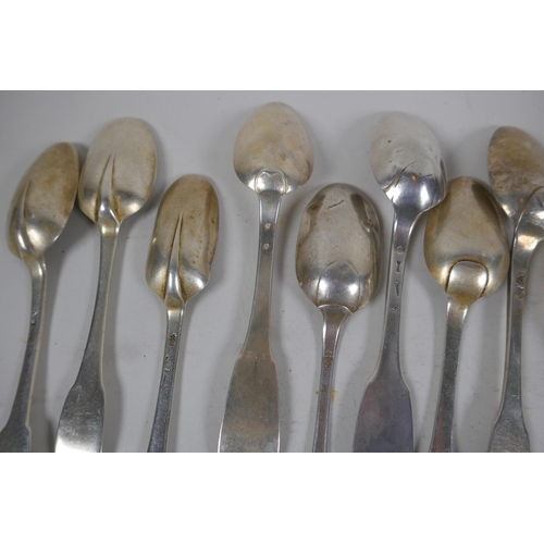 659 - A set of four and a set of six silver fiddle back spoons, and five rattail spoons, AF, 1049g