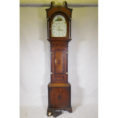 668 - C19th Welsh oak long case clock, the inlaid case with brass mounts, arched dial, decorated with a pe... 