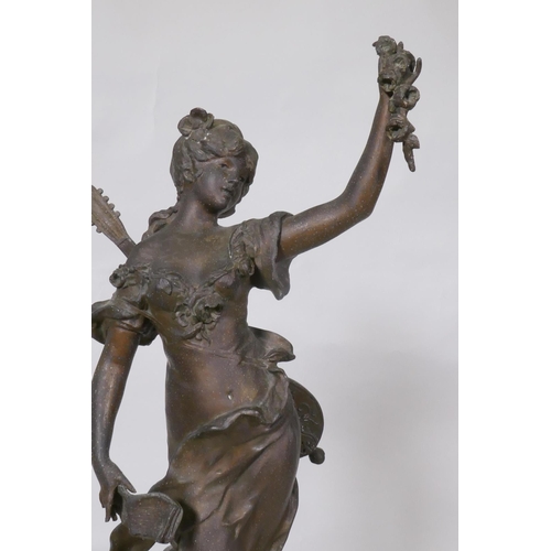 669 - A French alabaster mantel clock with bronzed spelter figure, 'Madulate', after Moreau, the movement ... 