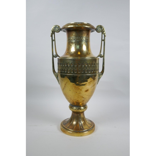 8 - A late C19th/early C20th German brass two handled Grecian style urn by Carl Deffner of Esslingen, 36... 