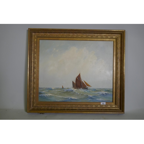 805 - E.A. Woods, pilot cutters under sail, C20th, signed, oil on canvas, 61 x 51cm