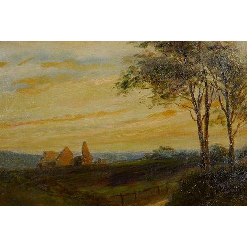 807 - D. Sherrin, landscape with track and ruined building, signed, oil on canvas, re-lined, 77 x 51cm