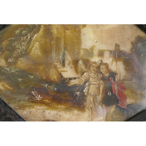 808 - An antique painting on ceramic tile, depicting Tobias and the Angel, in an ebonised wood frame, fram... 