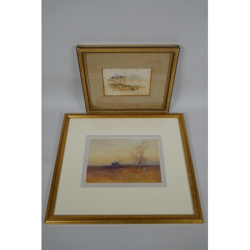 811 - Figures in a landscape at sunset, monogrammed Berenger Benger?, and a landscape study signed Frank S... 