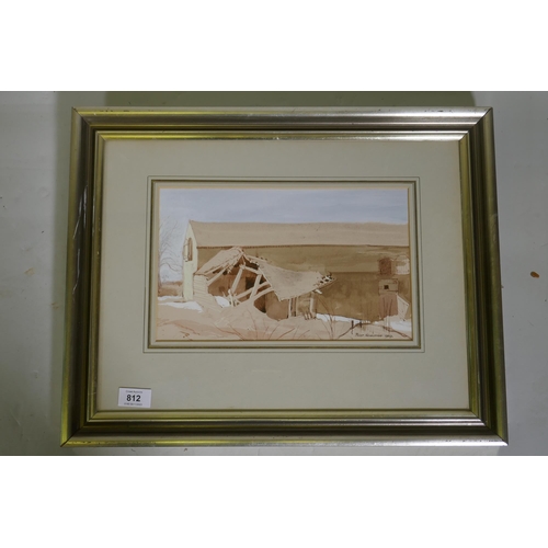 812 - Peter Newcombe, 'Old Barn', signed and dated 1969, Furneaux Gallery, SW19 label verso, ink and wash,... 