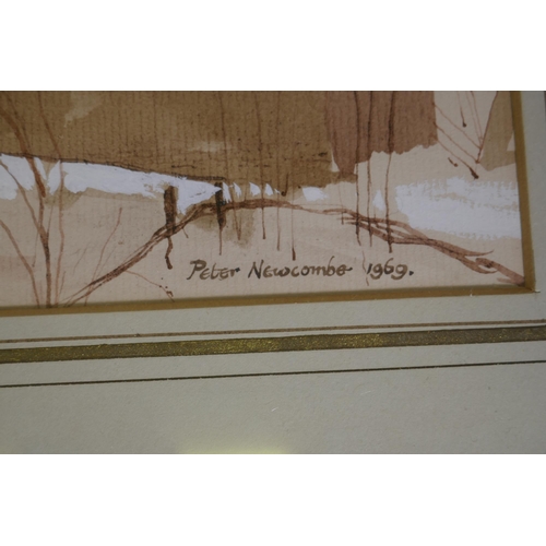 812 - Peter Newcombe, 'Old Barn', signed and dated 1969, Furneaux Gallery, SW19 label verso, ink and wash,... 