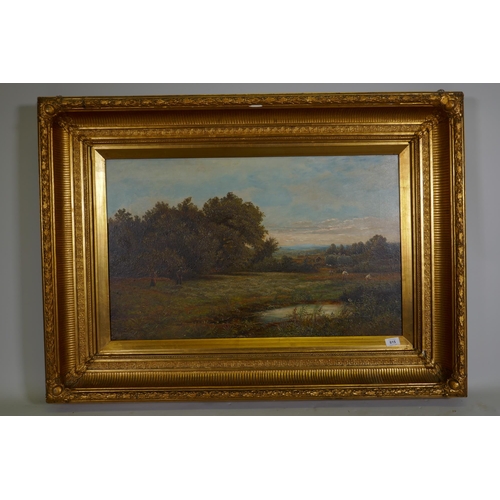 815 - Landscape with haymakers, unsigned, C19th, oil on canvas in a good gilt frame, 81 x 51cm