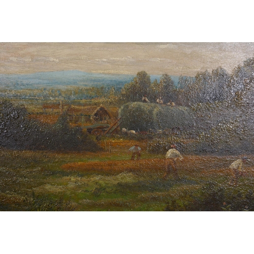 815 - Landscape with haymakers, unsigned, C19th, oil on canvas in a good gilt frame, 81 x 51cm