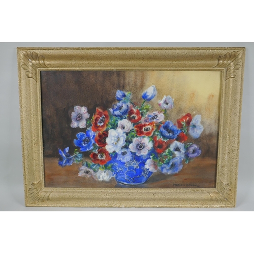 818 - Marion Broom, anemones in a blue and white bowl, signed, watercolour, 37 x 55cm