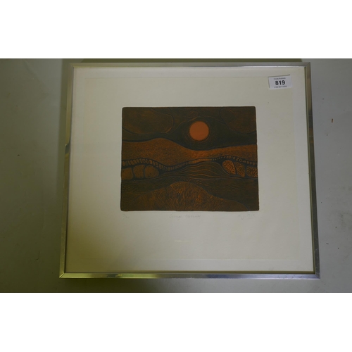 819 - M J Mott, Orange Moonrise, limited edition wood/lino engraving, 3/20, signed, leaf size 34 x 30cm