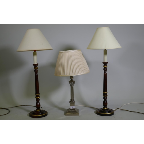 82 - An electro plated Corinthian column style table lamp with pleated shade, 56cm with shade, and a pair... 