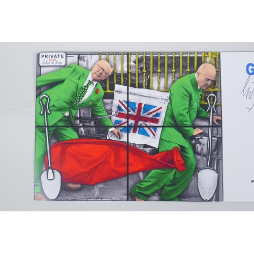 821 - Gilbert & George, a signed postcard/flyer for the 2019 Harrow School exhibition, and a larger si... 