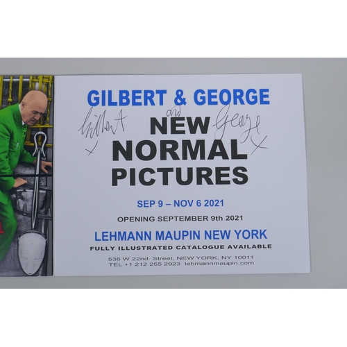 821 - Gilbert & George, a signed postcard/flyer for the 2019 Harrow School exhibition, and a larger si... 