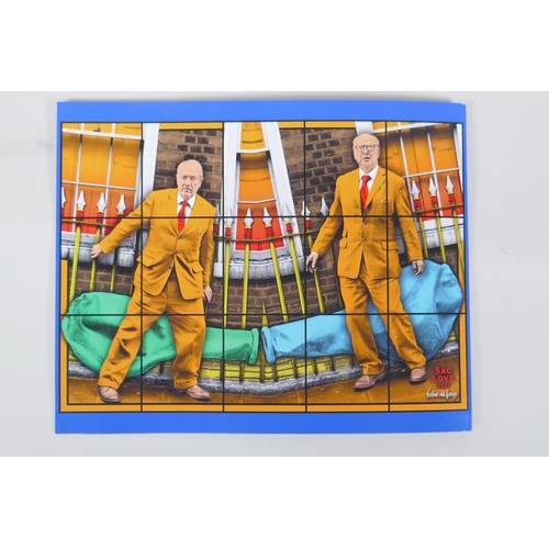 821 - Gilbert & George, a signed postcard/flyer for the 2019 Harrow School exhibition, and a larger si... 