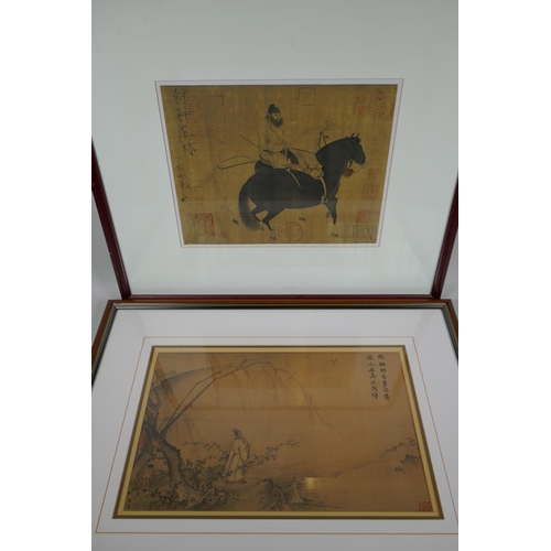 827 - Figure on an island, and a portrait of a horseman, two framed Chinese prints on silk, both inscribed... 