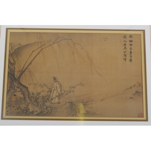 827 - Figure on an island, and a portrait of a horseman, two framed Chinese prints on silk, both inscribed... 