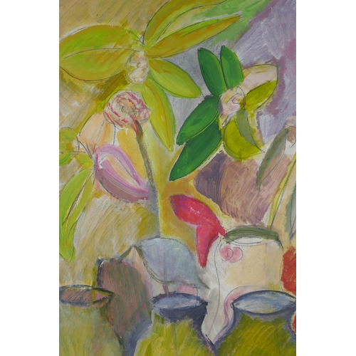 828 - Still life with foliage and pots, signed De-Kat, mixed media painting on canvas, 50 x 40cm