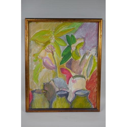 828 - Still life with foliage and pots, signed De-Kat, mixed media painting on canvas, 50 x 40cm