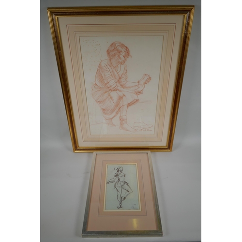 832 - Portrait of a seated lady, signed Osmund Caine, and a study of a dancer, monogrammed L.K. both frame... 