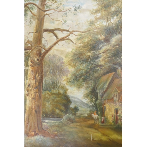 836 - E. Richman, rural scene with figure on a pony, signed, oil on canvas, 30 x 36cm