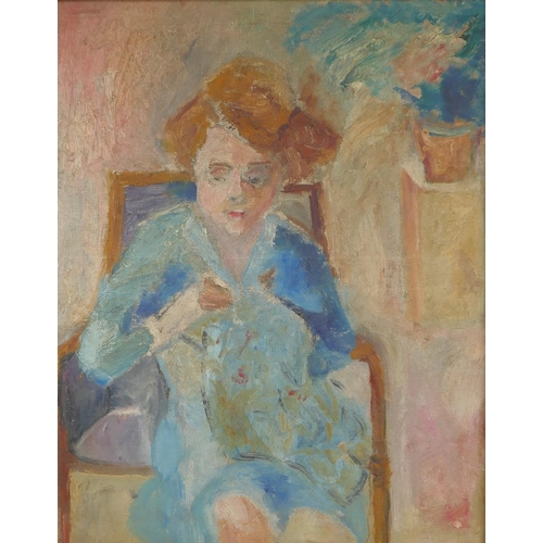 838 - Modern British School, portrait of a seated lady sewing, oil on canvas, 53 x 43cm