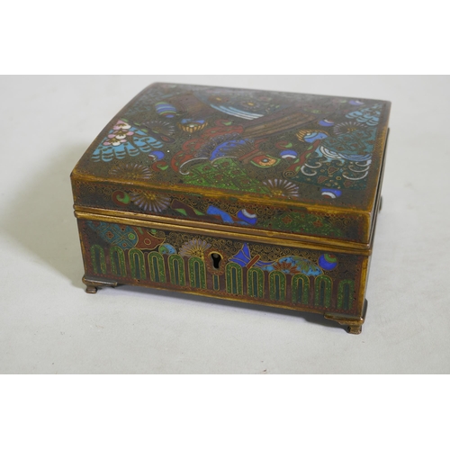 84 - An antique Japanese cloisonne cigarette box with gilt brass interior, 11 x 10 x 6cm, AF cover requir... 