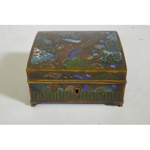 84 - An antique Japanese cloisonne cigarette box with gilt brass interior, 11 x 10 x 6cm, AF cover requir... 