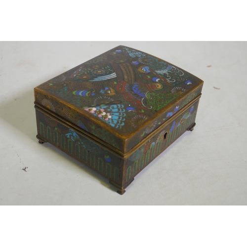 84 - An antique Japanese cloisonne cigarette box with gilt brass interior, 11 x 10 x 6cm, AF cover requir... 